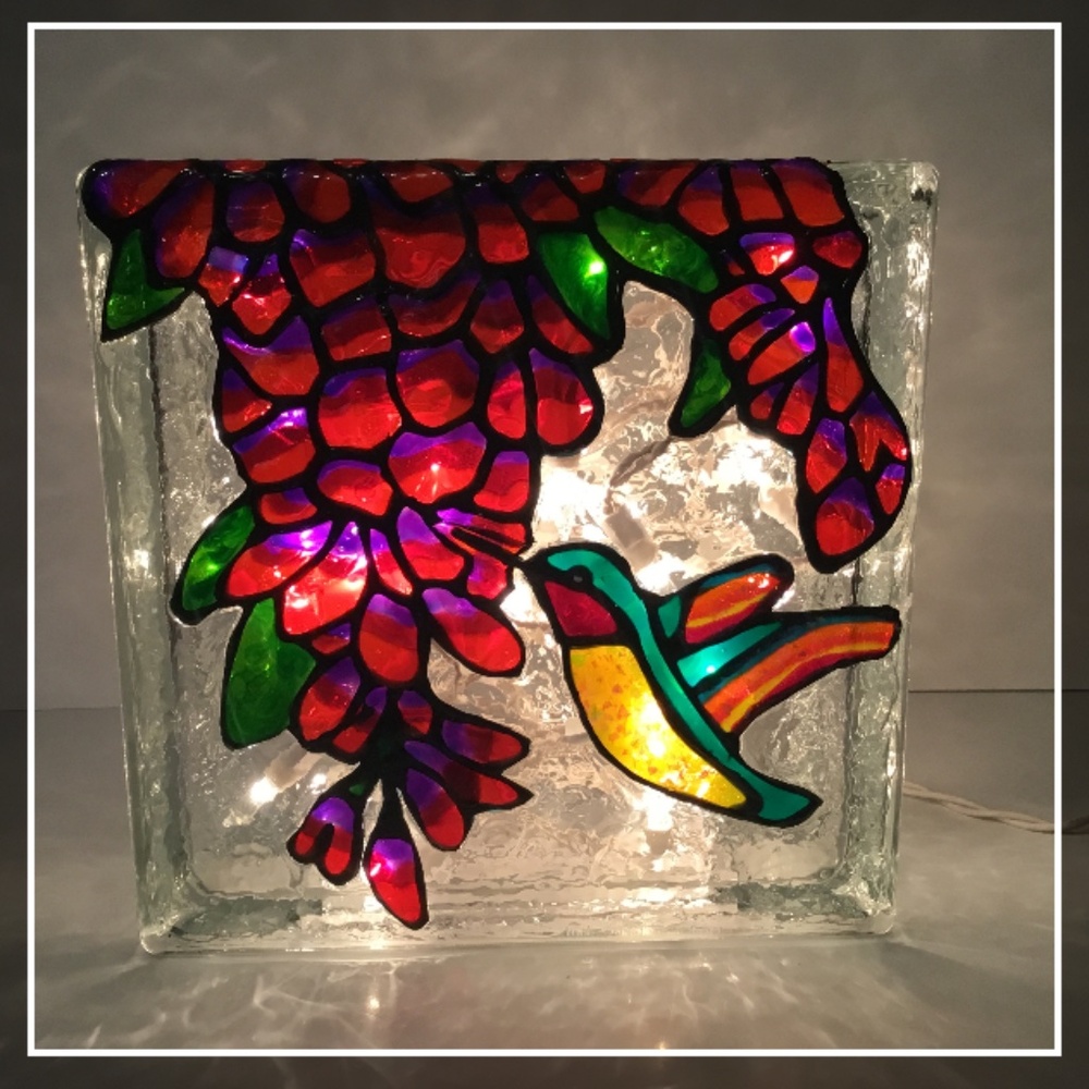 New, Hand Painted Stained Glass Hummingbird and Flowers